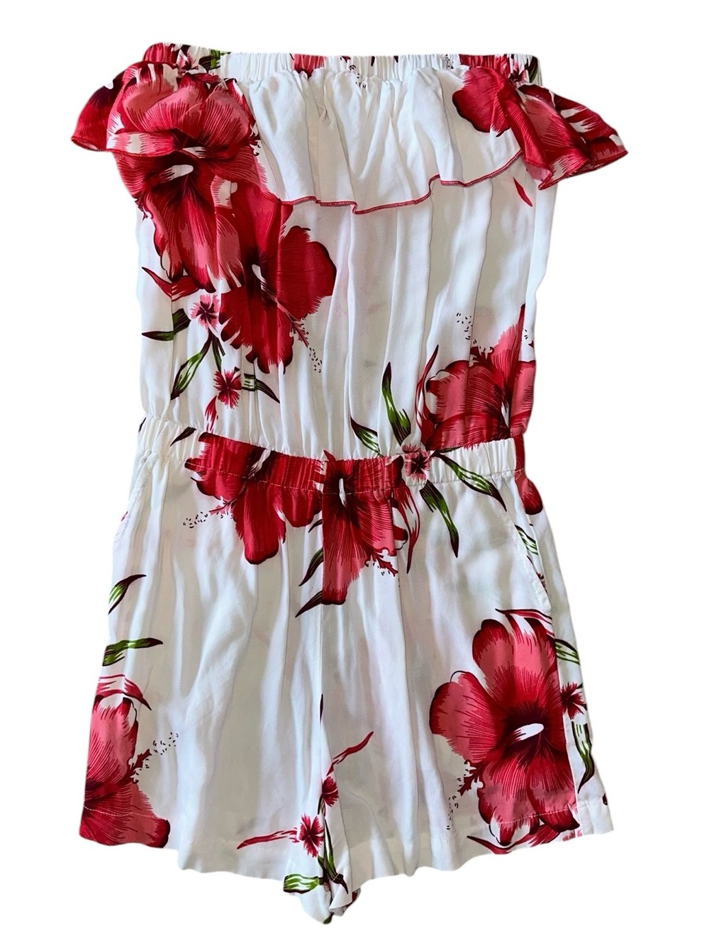 White Floral Off-Shoulder Romper with Red Bloom Print